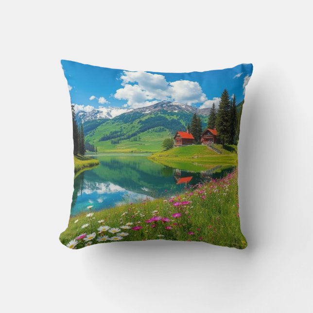 Radiant Retreat – Dreamy Lake & Cottage  Throw Pillow (Front)