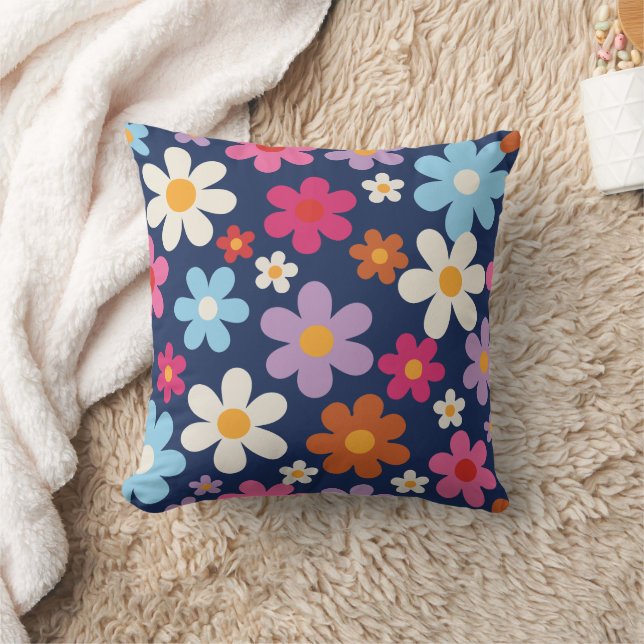 Radiant Retro Flower Blooms Throw Pillow (Blanket)