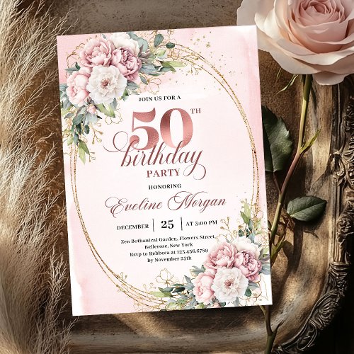 Radiant Rose Gold Blush Floral 50th Birthday 