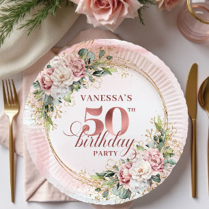 Radiant Rose Gold Glitter Floral 50th Birthday  Paper Plates