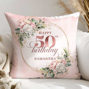 Radiant Rose Gold Greenery 50th Birthday Personal Throw Pillow