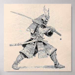 Radiant Samurai Warrior Black Ink Illustration Wood Photo Tile