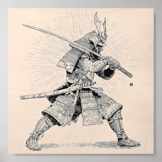 Radiant Samurai Warrior Black Ink Illustration Wood Photo Tile (Front Set)