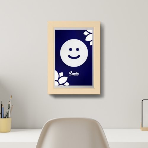 Radiant Smile White Emoji on Blue Background Framed Art