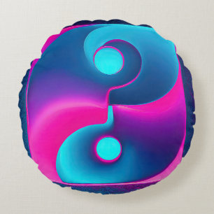 Radiant Spirituality: Vibrant Yin Yang Pink & Blue Round Pillow