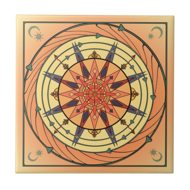 Radiant Sun Vintage Art Mandala Ceramic Tile (Front)