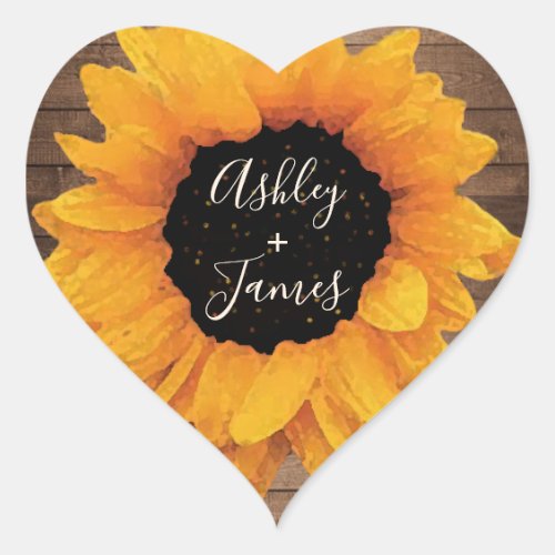 Radiant Sunflower Rustic Wedding Names Monogram  Heart Sticker