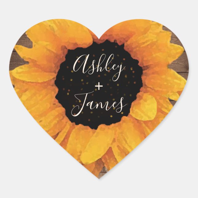 Radiant Sunflower Rustic Wedding Names Monogram  Heart Sticker (Front)