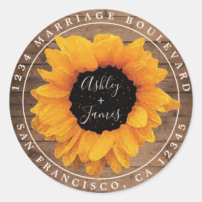Radiant Sunflower Rustic Wedding Return Address Classic Round Sticker (Front)
