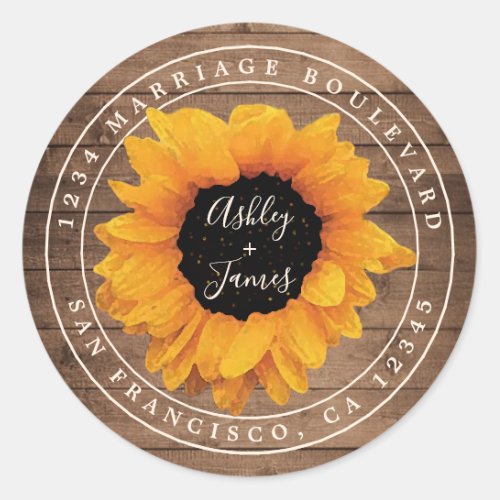 Radiant Sunflower Rustic Wedding Return Address Classic Round Sticker