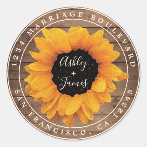 Radiant Sunflower Rustic Wedding Return Address Classic Round Sticker
