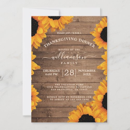 Radiant Sunflower Rustic Wood Thanksgiving Dinner Invitation