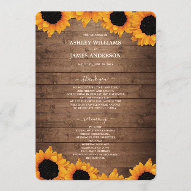 Radiant Sunflower Rustic Wood Wedding Program (Front)
