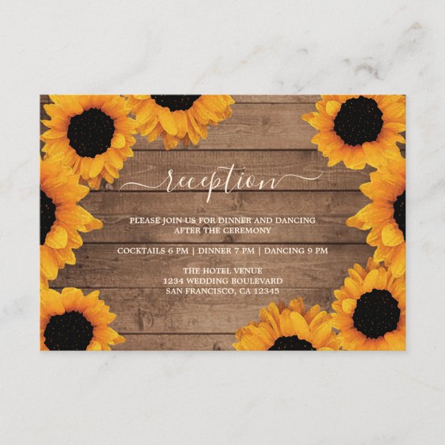 Radiant Sunflower Rustic Wood Wedding Reception Enclosure Card (Front)