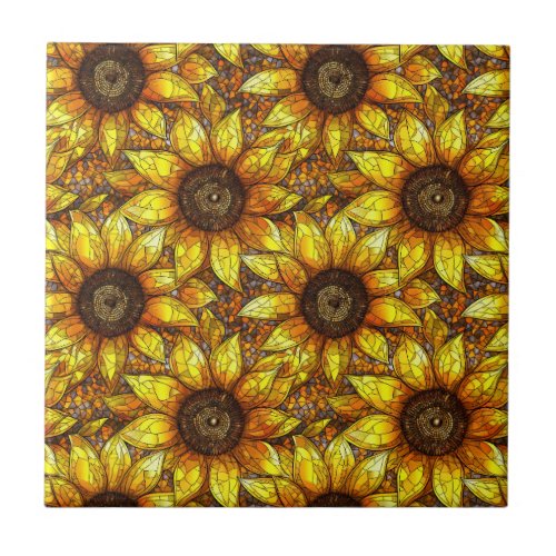 Radiant Sunflower Stained Glass  Ceramic Tile
