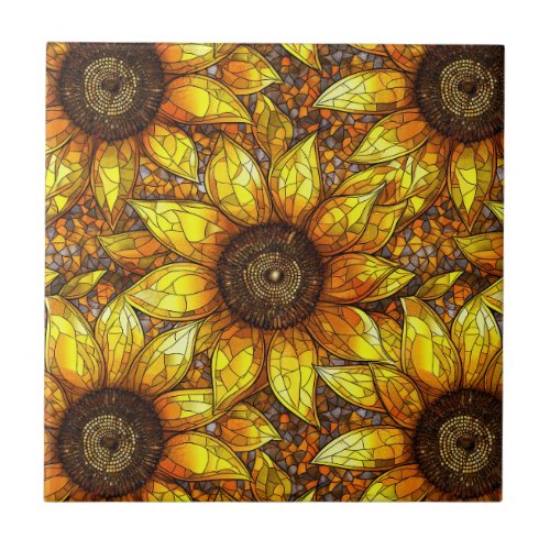 Radiant Sunflower Stained Glass  Ceramic Tile
