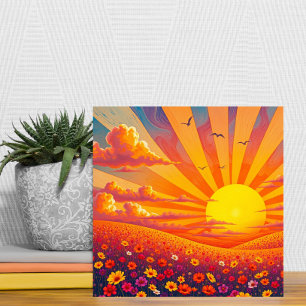Radiant Sunset Over Whimsical Landscape  Ceramic Tile