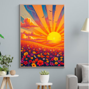 Radiant Sunset Over Whimsical Landscape  Poster