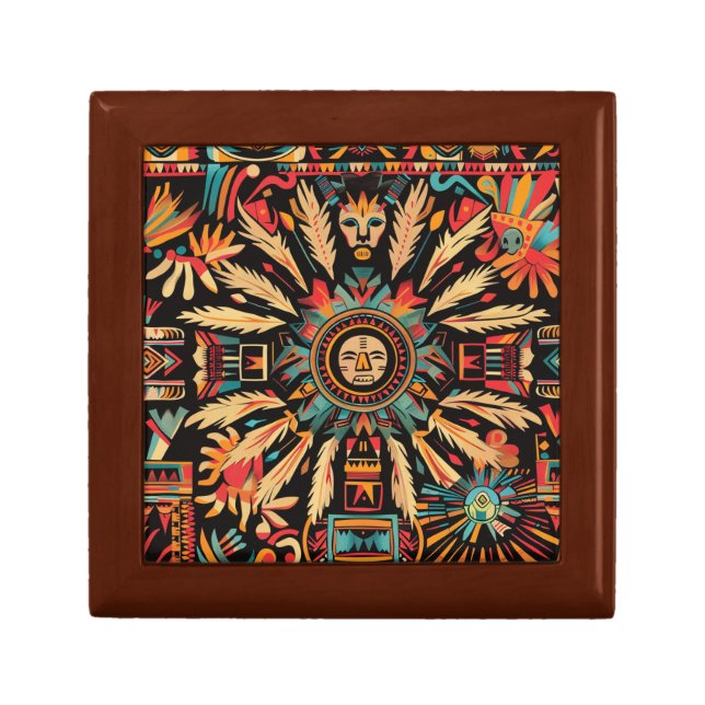 Radiant Teal "Aztec Dream" Golden Oak Keepsake Box (Front)