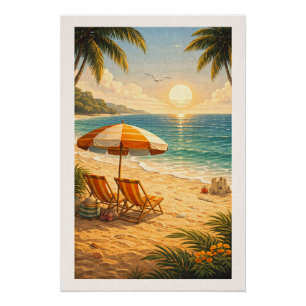 Radiant Tropical Beach Sunset Retro Vacation  Poster