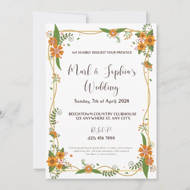 Radiant Tulip Romance Orange Bliss in Golden Frame Invitation (Front)