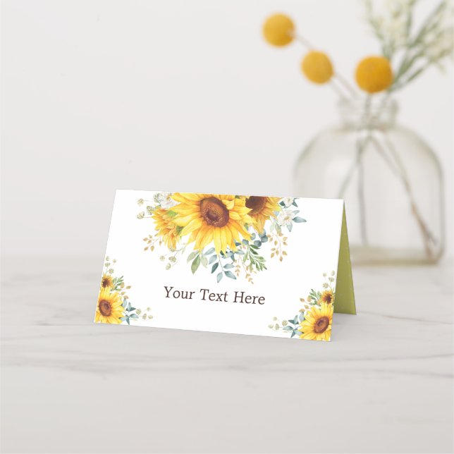 Radiant Watercolor Sunflowers Summer Greenery Place Card (Front)