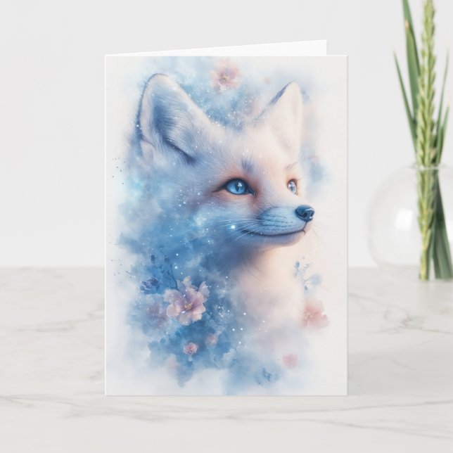 Radiant Winter Fox with Blossoms and Blue Eyes Card (Front)