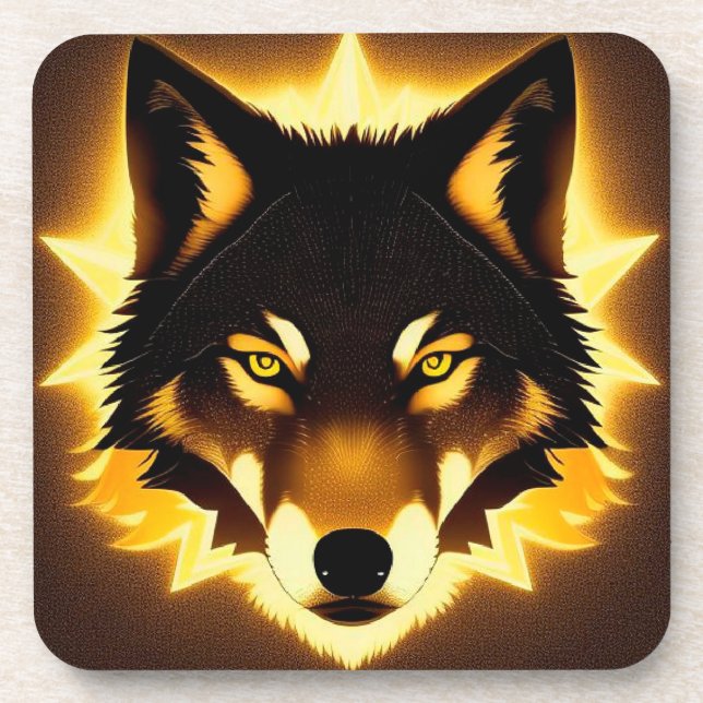 Radiant Wolf Face by Golden Light Beverage Coaster (Front)