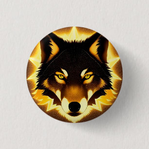 Radiant Wolf Face Illuminated by Golden Light Button