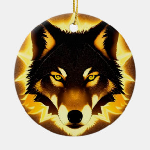Radiant Wolf Face Illuminated by Golden Light Ceramic Ornament