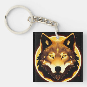 Radiant Wolf Face Illuminated by Golden Light Keychain