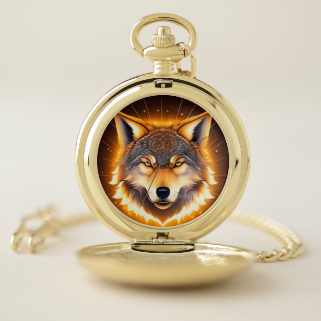 Radiant Wolf Face Illuminated by Golden Light Pocket Watch (Inside)