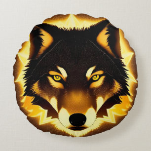 Radiant Wolf Face Illuminated by Golden Light Round Pillow