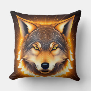 Radiant Wolf Face Illuminated by Golden Light Throw Pillow