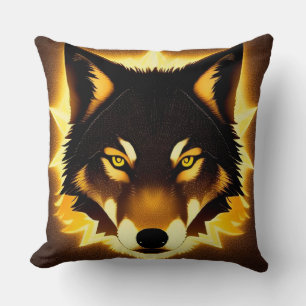 Radiant Wolf Face Illuminated by Golden Light Throw Pillow