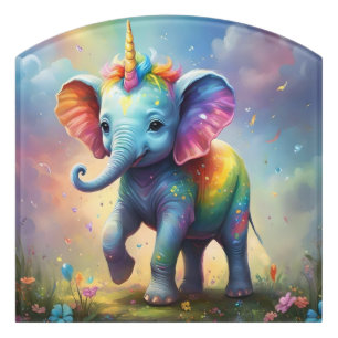 Radiant Wonders: The Rainbow Baby Unicorn Elephant Door Sign