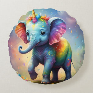 Radiant Wonders: The Rainbow Baby Unicorn Elephant Round Pillow
