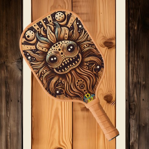 Radiant Wood Carving image of a Sun Face Pickleball Paddle