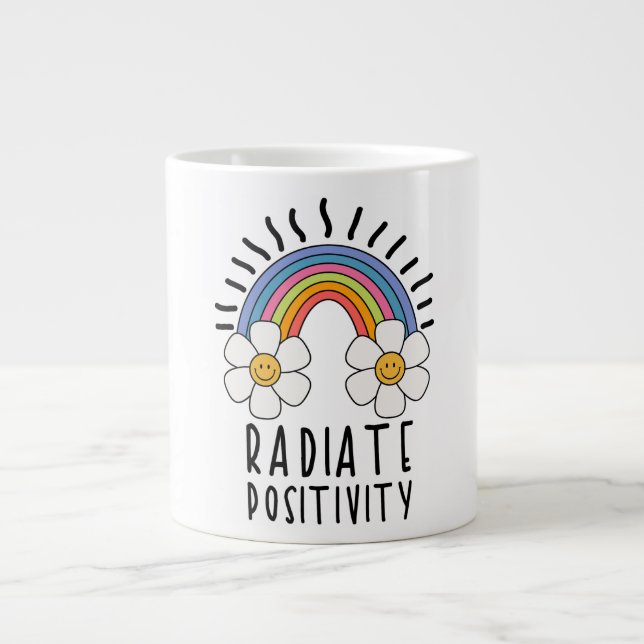 Radiate Positivity | Colorful Rainbow and Flowers Giant Coffee Mug (Front)