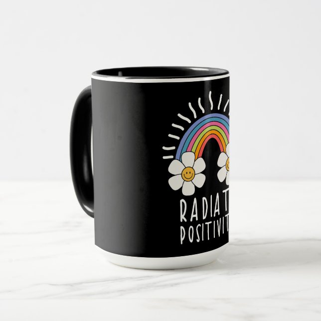 Radiate Positivity | Colorful Rainbow and Flowers Mug (Front Left)
