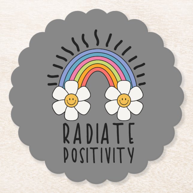 Radiate Positivity | Colorful Rainbow and Flowers Paper Coaster (Front)