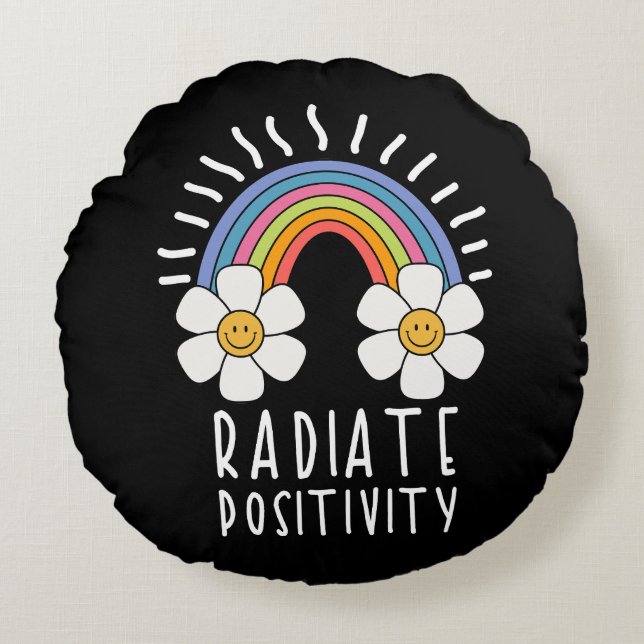 Radiate Positivity | Colorful Rainbow and Flowers Round Pillow (Front)
