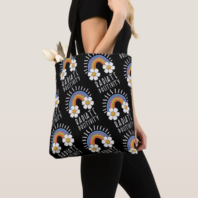 Radiate Positivity | Colorful Rainbow and Flowers Tote Bag (Close Up)