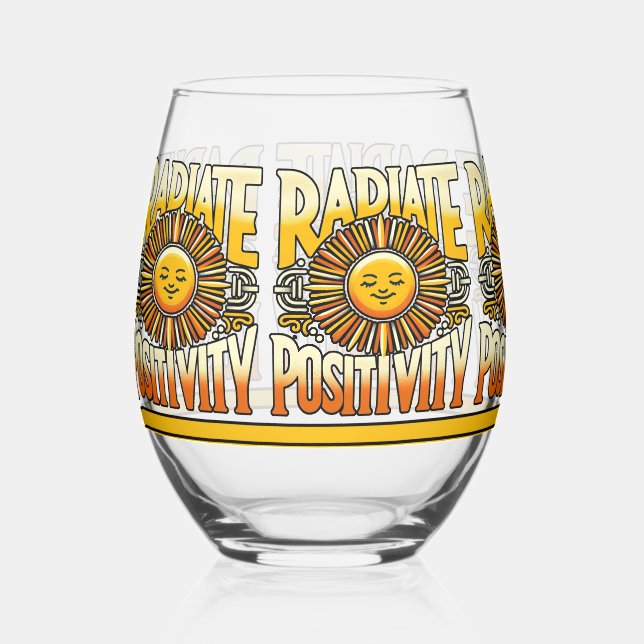 Radiate Positivity Smiling Sun Stemless Wine Glass (Front)