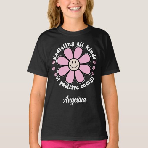 Radiating Positive Energy Retro Happy Pink Flower T_Shirt