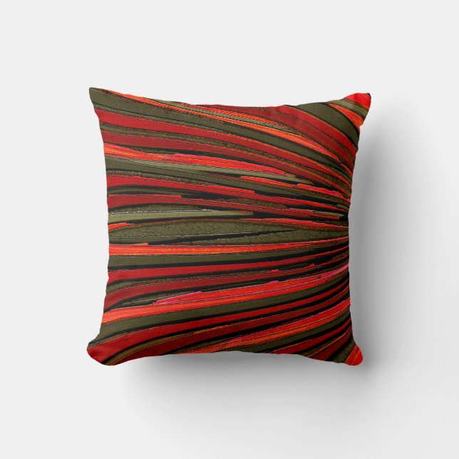 Radiating Rustic Stripes in Tango Red and Olive Throw Pillow (Front)
