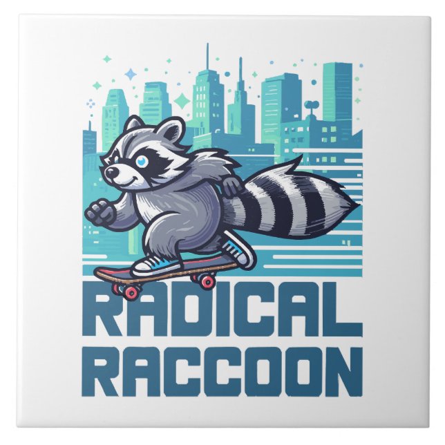 Radical Raccoon Urban Skateboarder Ceramic Tile (Front)