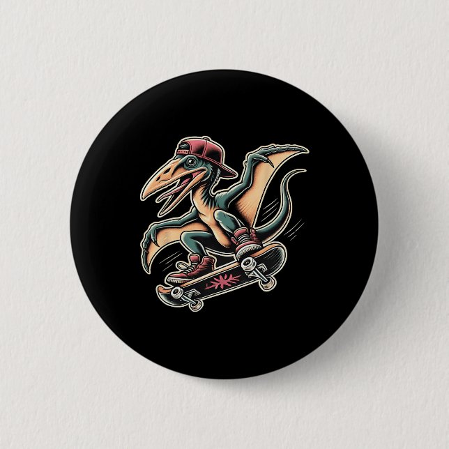 Radical Skateboarding Pterodactyl Dinosaur Cartoon Button (Front)