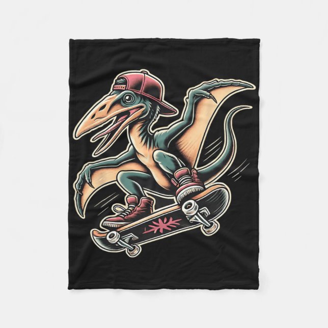 Radical Skateboarding Pterodactyl Dinosaur Cartoon Fleece Blanket (Front)