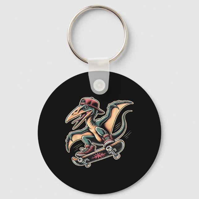 Radical Skateboarding Pterodactyl Dinosaur Cartoon Keychain (Front)